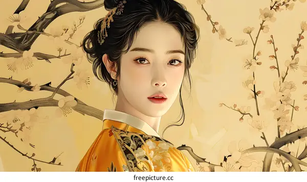 A digital painting of a young woman in a traditional Korean hanbok dress. She has long black hair and is wearing a yellow and white hanbok with a floral pattern. The background is a light yellow color with a pattern of white and pink flowers.