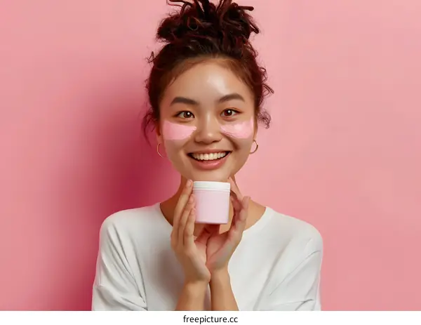 Happy Asian Woman With Pink Face Mask Holding A Jar Of Cream
