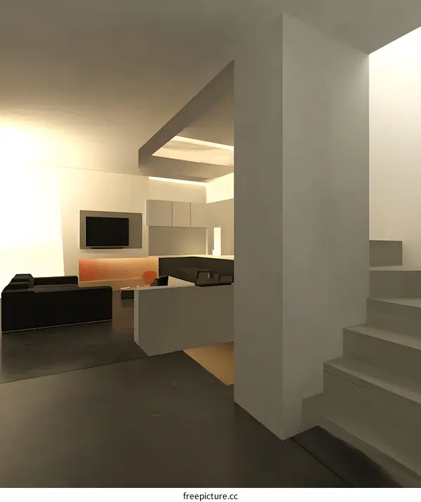 Modern Interior Design of a Minimalist Living Room with Stairs