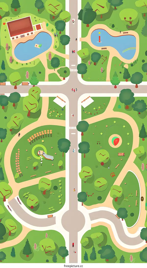 Top View of a Green City Park with People Walking and Children Playing