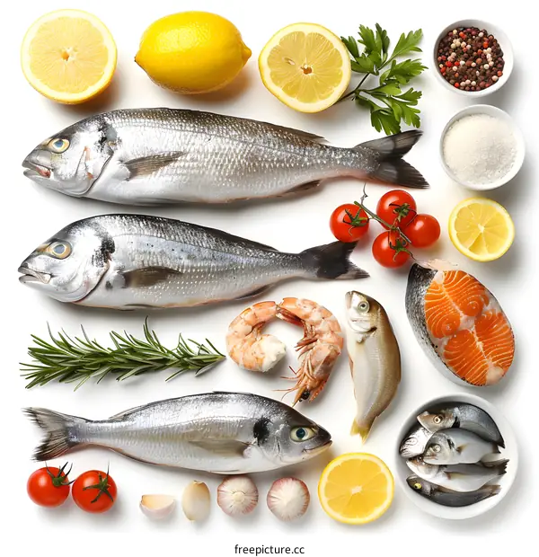 Fresh Fish Variety on White Background