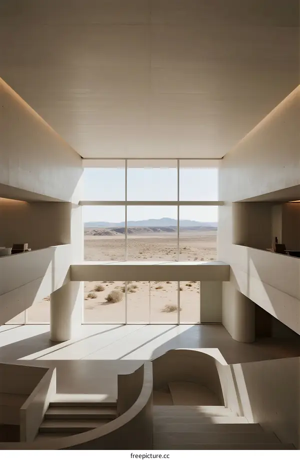 Modern interior space with large windows overlooking desert landscape