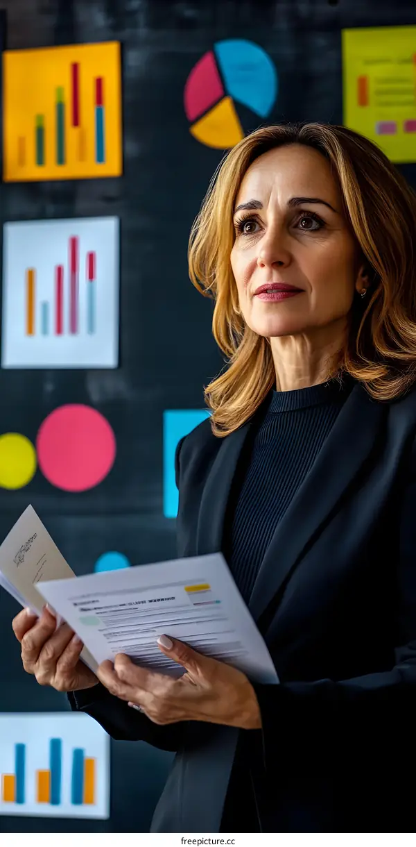 Businesswoman Holding Documents Looking At Charts