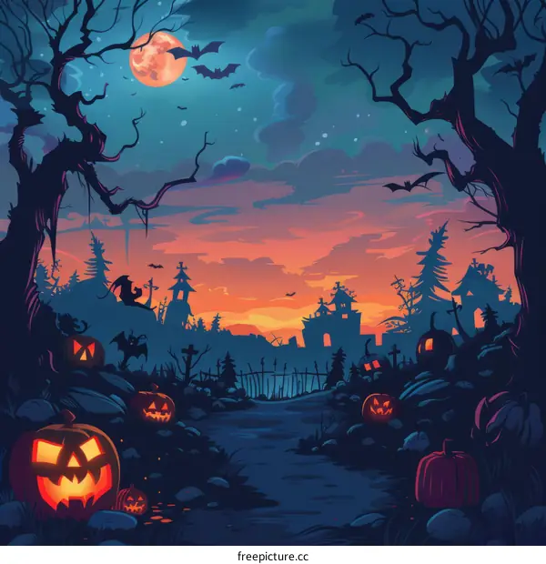 Spooky Halloween Night Graveyard With Pumpkins And Bats
