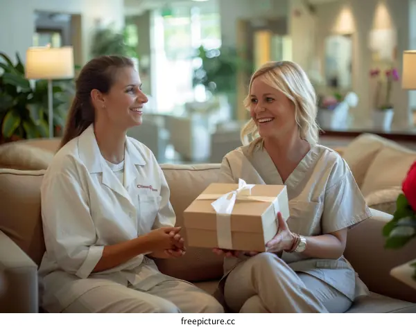 Two female nurses talking and laughing while sitting on a couch