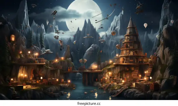 Steampunk Mountain Village with Airships