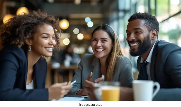 Business Meeting in a Cafe Three Diverse Colleagues