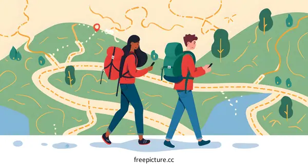 Couple Hiking on Illustrated Map with Backpacks