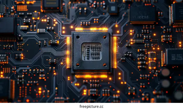 A close-up of a computer chip with orange glowing lights