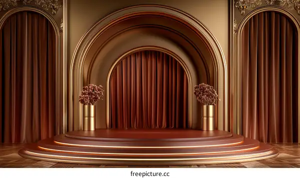 Ornate golden stage with brown curtains and podium