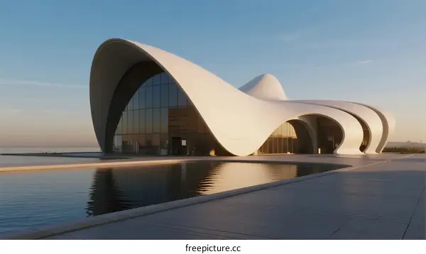 Modern Architectural Structure with Curved White Exterior and Reflective Water Pool
