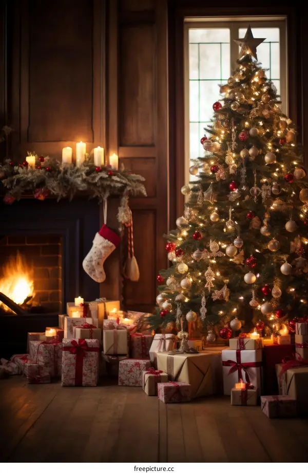 Christmas Tree with Presents by the Fireplace