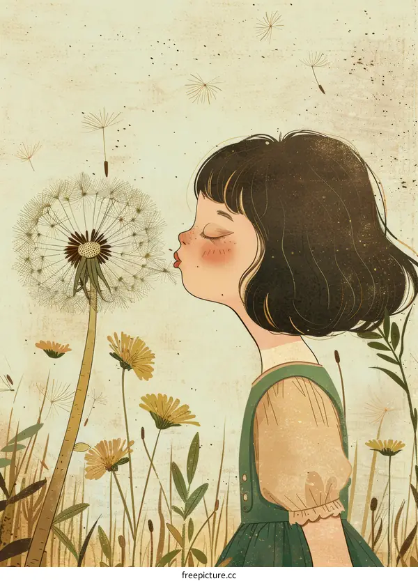 Little girl blowing dandelion flower in a field of flowers