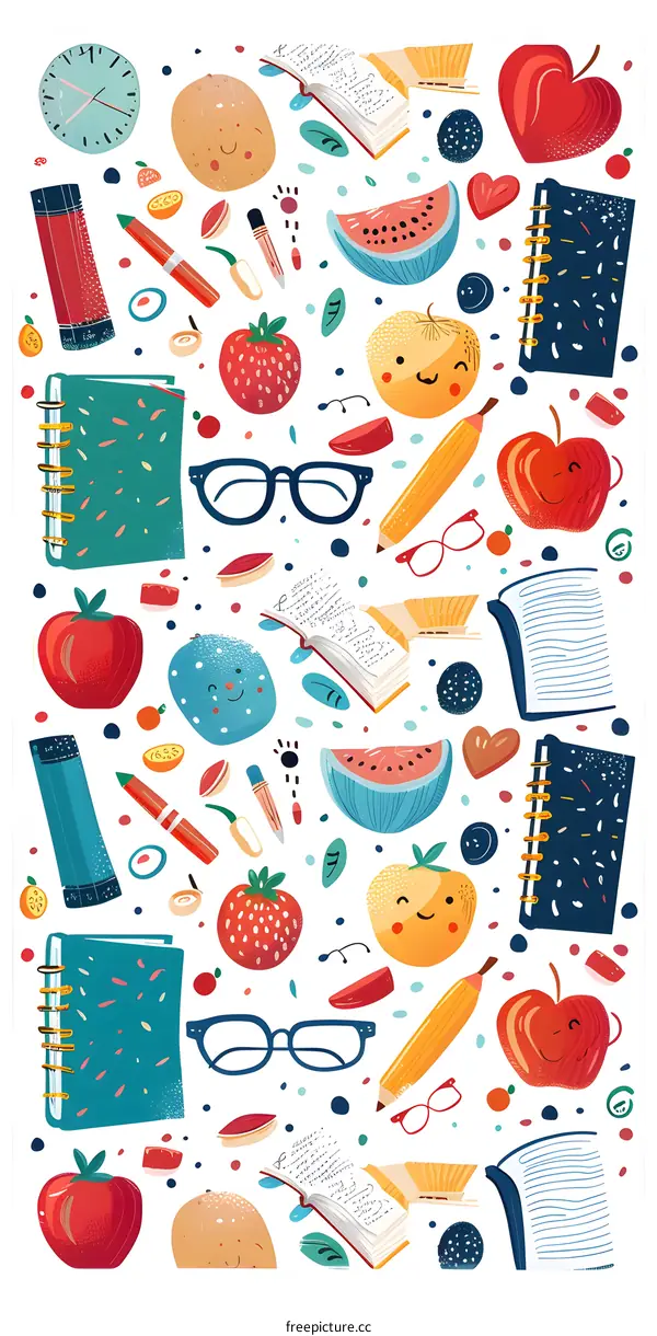 Colorful Illustration of Back to School Supplies and Fruits