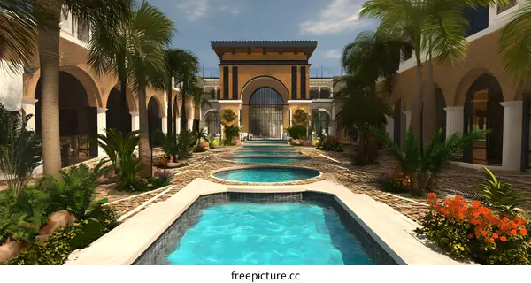 Beautiful Courtyard with Swimming Pool and Palm Trees