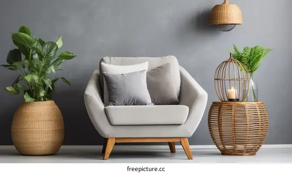 A stylish living room with a gray armchair, a wicker table, and a potted plant