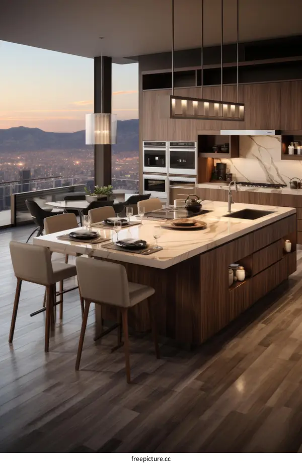Walnut Kitchen With Island and Skyline View