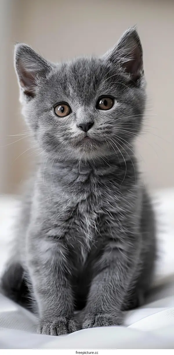 A cute gray kitten is sitting on a white cloth