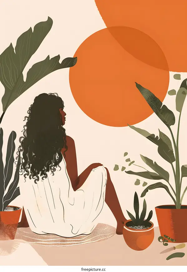 Woman Sitting in Tropical Garden with Sunset Illustration