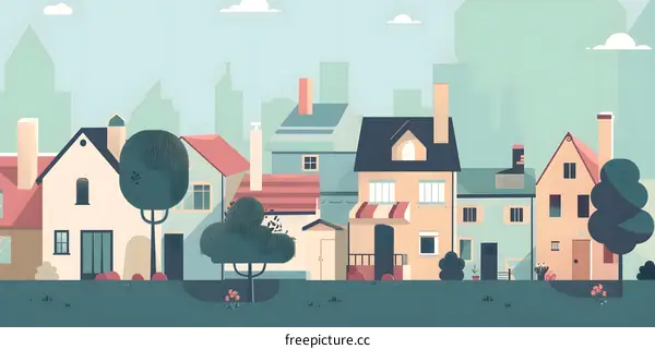 Flat Illustration of a Colorful Cityscape with Houses and Trees