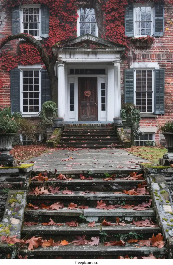 Red Leaves Covering Brick House Stairs