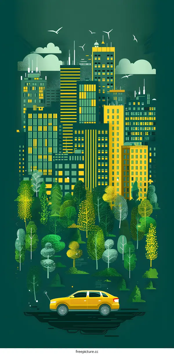 Green City Skyline with Yellow Car and Trees