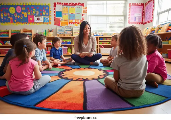 Early childhood education classroom with teacher reading to diverse group of children