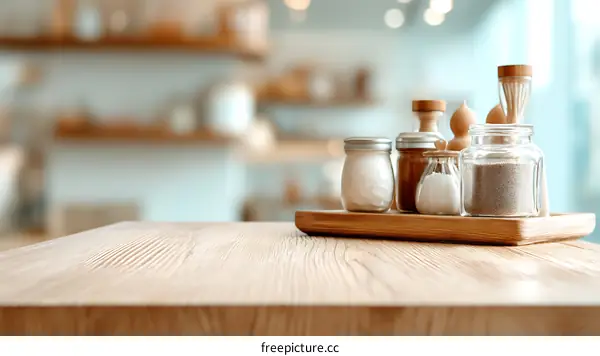 Wooden Table Top with Condiments Display