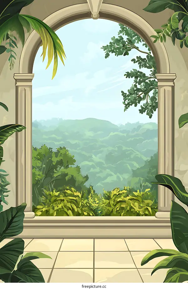 Green Tropical Forest View Through Archway