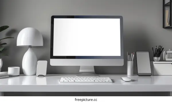 A Minimalist Workspace with a Computer, Lamp, and Desk Accessories