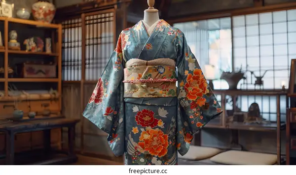 A kimono with a floral pattern displayed on a mannequin in a traditional Japanese room