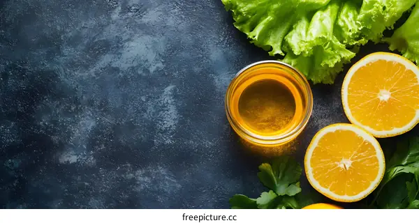 Fresh Lemon Slices, Lettuce, and Olive Oil on a Dark Background