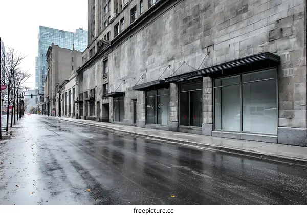 Rainy Street Lined with Empty Store Fronts in a City
