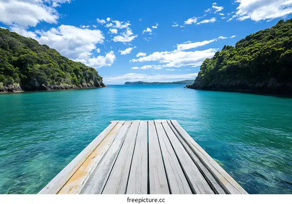 Wooden Pier Overlooking Turquoise Water and Lush Green Hills in New Zealand