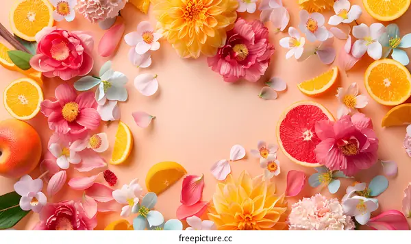 Pink and Orange Flowers and Fruit on Peach Background