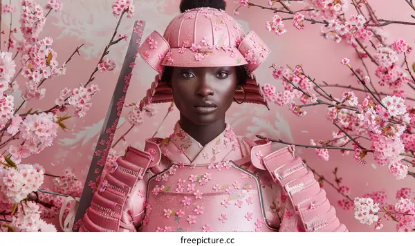 A Black Woman Warrior Wearing Pink Samurai Armor and Helmet
