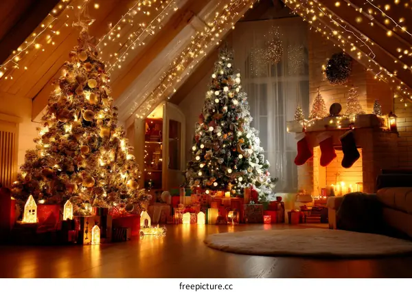 Christmas Decorated Living Room with Two Christmas Trees