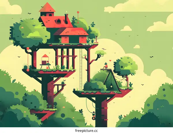 Cartoon Illustration of Tree House with People