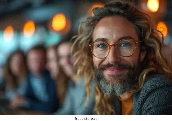 portrait of a smiling bearded person with long curly hair wearing glasses