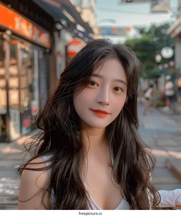 Portrait of a Young Asian Woman with Long Black Hair in a White Tank Top