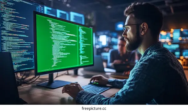 Focused Programmer Working Late Night
