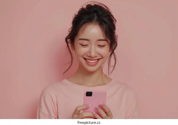 Asian woman smiling while texting on her pink phone