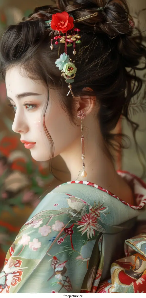 Portrait of a beautiful Asian woman in traditional Japanese clothing