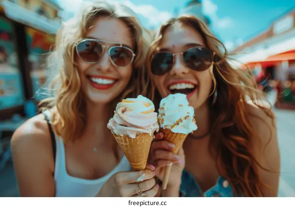 Two happy young women eating ice cream in the summer