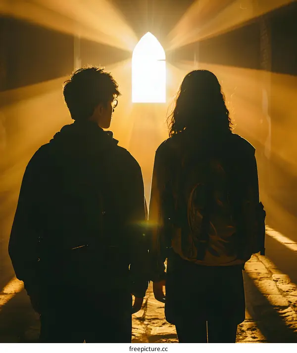 Silhouettes of Two People Walking Towards a Bright Window
