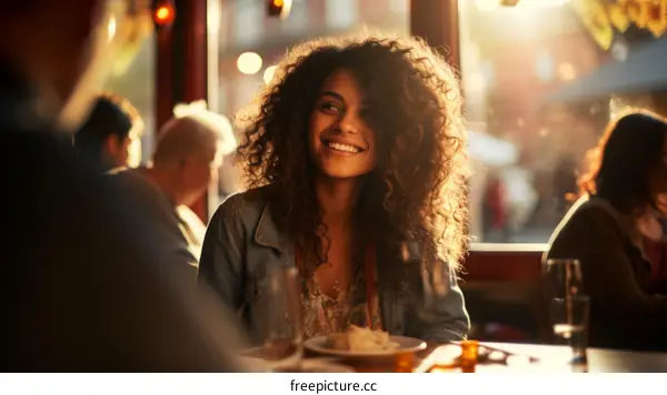 Portrait of a smiling young woman with curly hair sitting in a restaurant