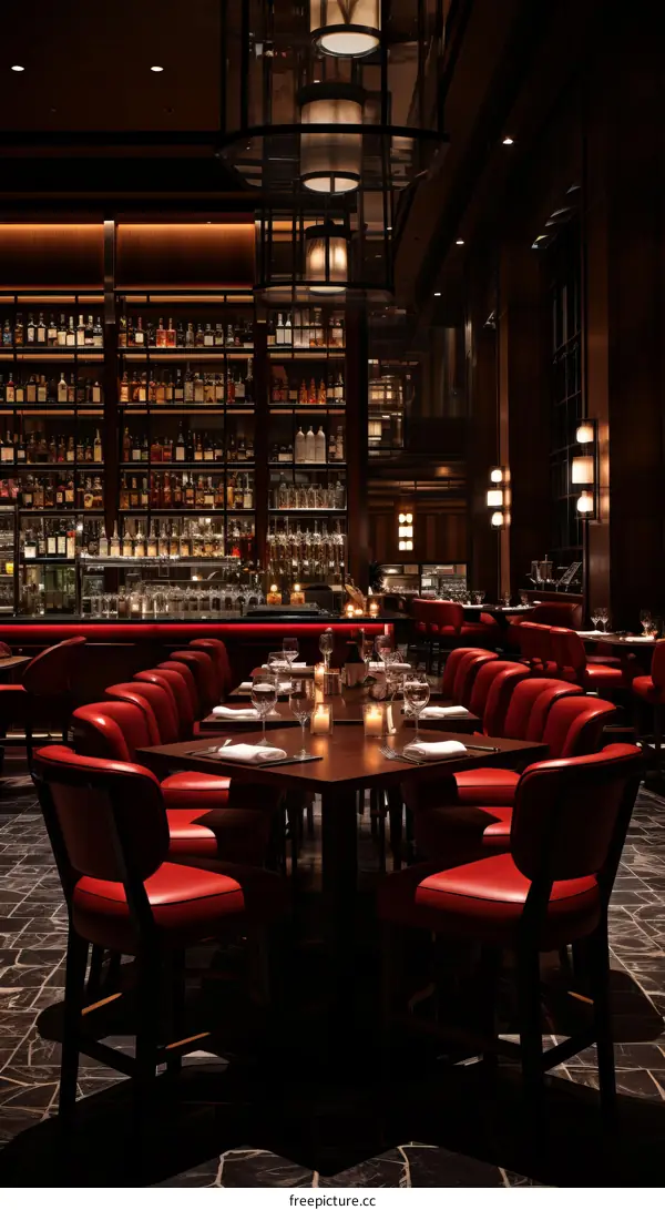 Elegant Restaurant Interior with Red Leather Chairs and Wooden Table