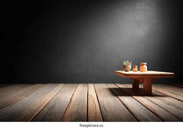 Wooden Table with Plants in Dark Room