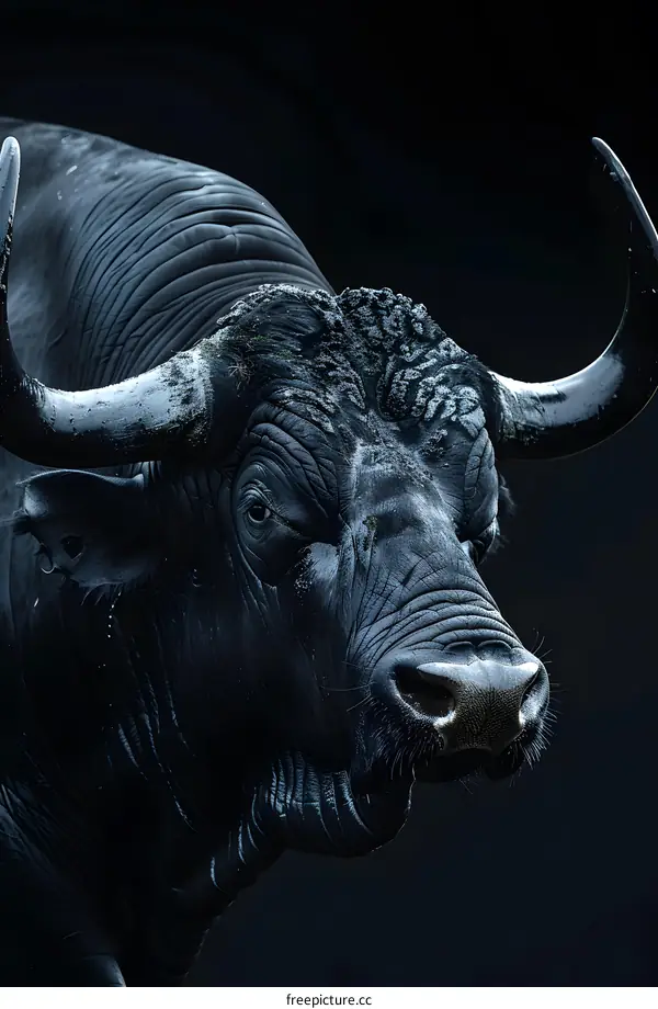 A close up of a black bull