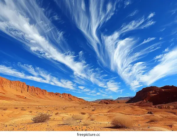 Arid Desert Landscape with Blue Sky and Majestic Rock Formations